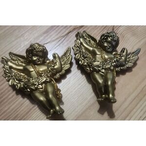 Christmas Cherub Angels Ornaments Set Of 2 Gold Plastic 3D Vtg 3 In Victorian
